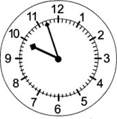 the hour hand is between 9 and 10, the minute hand is pointing at the second mark after 11