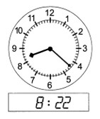 the hour hand is between 8 and 9, the minute hand is pointing at the second mark after 4