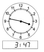 the hour hand is between 3 and 4, the minute hand is pointing at the second mark after 9