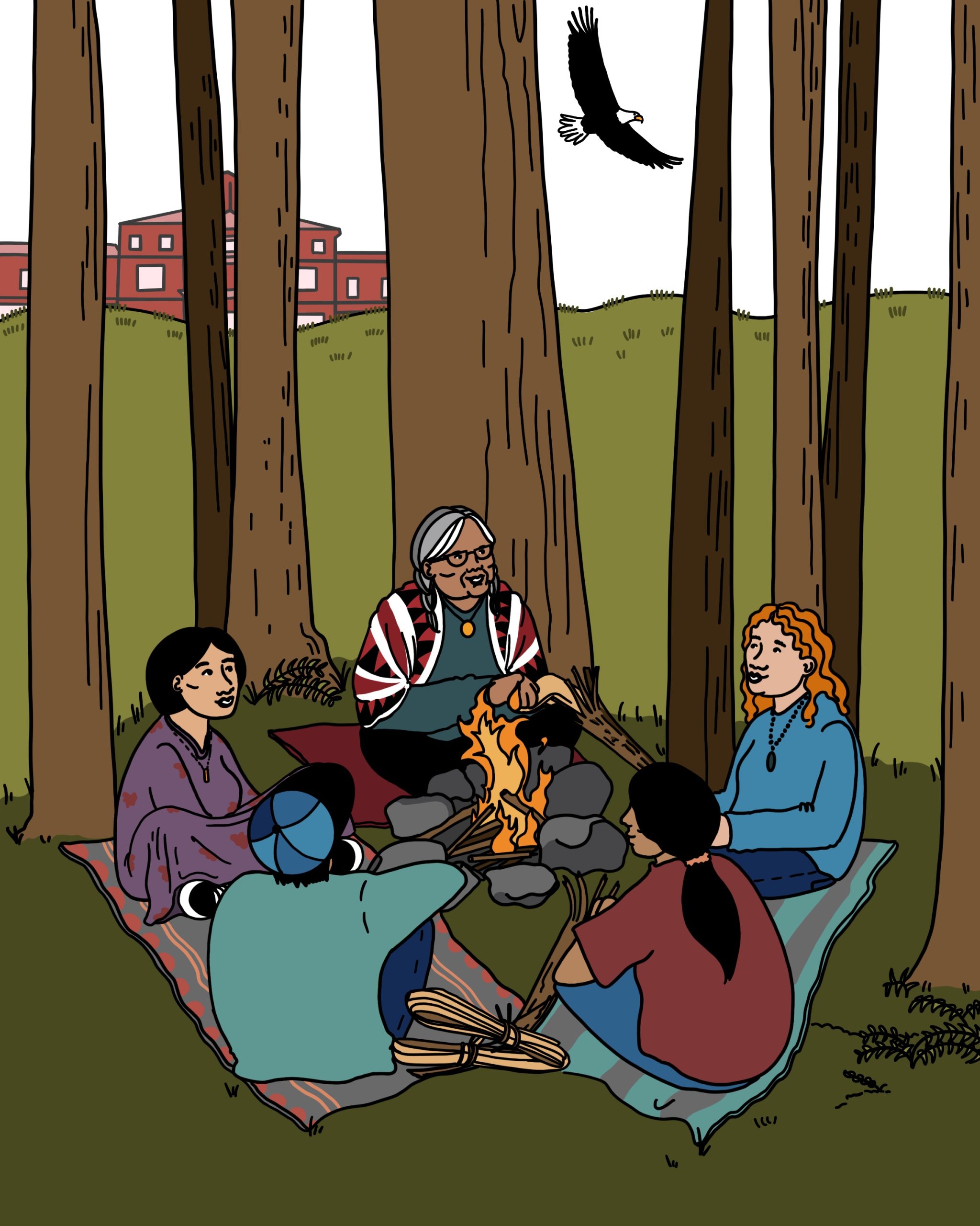 Four students sit in a circle around a fire in a forest while an Elder teaches them to prepare strips of cedar bark.