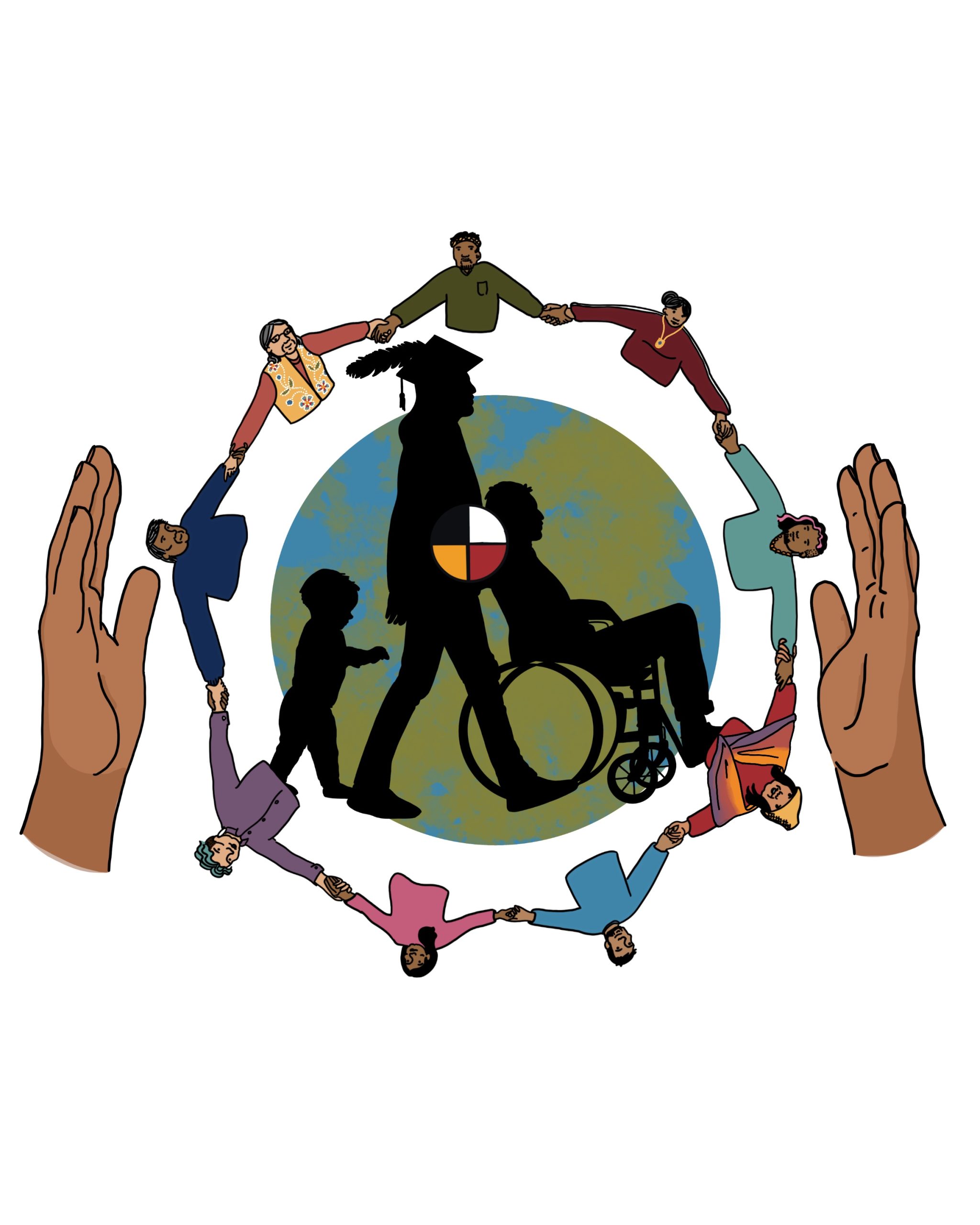 Silhouettes of a graduating student, a student in a wheelchair, and a baby are surrounded by a circle of community members.