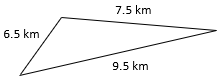 a triangle whose sides are 6.5km, 7.5km, 9.5km