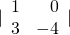 |\begin{array}{rr}\hfill 1& \hfill 0\\ \hfill 3& \hfill -4\end{array}|