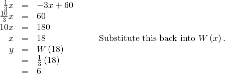 Rendered by QuickLaTeX.com \begin{array}{cccc}\hfill \text{ }\frac{1}{3}x& =& -3x+60\hfill & \\ \hfill \frac{10}{3}x& =& 60\hfill & \\ \hfill 10x& =& 180\hfill & \\ \hfill x& =& 18\hfill & \phantom{\rule{2em}{0ex}}\text{Substitute this back into }W\left(x\right).\hfill \\ \hfill y& =& W\left(18\right)\hfill & \\ & =& \frac{1}{3}\left(18\right)\hfill & \\ & =& 6\hfill & \end{array}