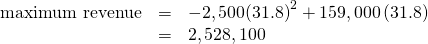 Rendered by QuickLaTeX.com \begin{array}{ccc}\hfill \text{maximum revenue}& =& -2,500{\left(31.8\right)}^{2}+159,000\left(31.8\right)\hfill \\ & =& 2,528,100\hfill \end{array}