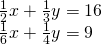 \begin{array}{l}\frac{1}{2}x+\frac{1}{3}y=16\\ \frac{1}{6}x+\frac{1}{4}y=9\end{array}