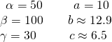 Rendered by QuickLaTeX.com \begin{array}{l}\begin{array}{l}\hfill \\ \alpha =50°\,\,\,\,\,\,\,\,\,\,\,\,\,\,\,a=10\hfill \end{array}\hfill \\ \beta =100°\,\,\,\,\,\,\,\,\,\,\,\,b\approx 12.9\hfill \\ \gamma =30°\,\,\,\,\,\,\,\,\,\,\,\,\,\,\,\,c\approx 6.5\hfill \end{array}