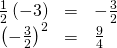 Rendered by QuickLaTeX.com \begin{array}{ccc}\hfill \frac{1}{2}\left(-3\right)& =& -\frac{3}{2}\hfill \\ \hfill {\left(-\frac{3}{2}\right)}^{2}& =& \frac{9}{4}\hfill \end{array}