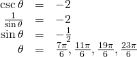 \begin{array}{ccc}\hfill \mathrm{csc}\,\theta & =& -2\hfill \\ \hfill \frac{1}{\mathrm{sin}\,\theta }& =& -2\hfill \\ \hfill \mathrm{sin}\,\theta & =& -\frac{1}{2}\hfill \\ \hfill \theta & =& \frac{7\pi }{6},\frac{11\pi }{6},\frac{19\pi }{6},\frac{23\pi }{6}\hfill \end{array}