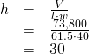 Rendered by QuickLaTeX.com \begin{array}{ccc}\hfill h& =& \frac{V}{l\cdot w}\hfill \\ & =& \frac{73,800}{61.5\cdot 40}\hfill \\ & =& 30\hfill \end{array}