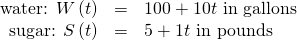 \begin{array}{ccc}\hfill \text{water: }W\left(t\right)& =& 100+10t\text{ in gallons}\hfill \\ \hfill \text{sugar: }S\left(t\right)& =& 5+1t\text{ in pounds}\hfill \end{array}