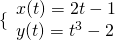 \{\begin{array}{l}x(t)=2t-1\\ y(t)={t}^{3}-2\end{array}