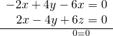 \frac{\begin{array}{r}\hfill -2x+4y-6x=0\\ \hfill 2x-4y+6z=0\end{array}}{\,\,\,\,\,\,\,\,\,\,\,\,\,\,\,\,\,\,\,\,\,\,\,\,\,\,\,\,\,\,\,0=0}