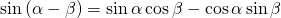 Rendered by QuickLaTeX.com \mathrm{sin}\left(\alpha -\beta \right)=\mathrm{sin}\,\alpha \,\mathrm{cos}\,\beta -\mathrm{cos}\,\alpha \,\mathrm{sin}\,\beta