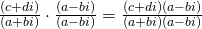 Rendered by QuickLaTeX.com \frac{\left(c+di\right)}{\left(a+bi\right)}\cdot \frac{\left(a-bi\right)}{\left(a-bi\right)}=\frac{\left(c+di\right)\left(a-bi\right)}{\left(a+bi\right)\left(a-bi\right)}