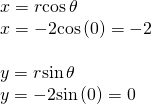 Rendered by QuickLaTeX.com \begin{array}{l}x=r\mathrm{cos}\,\theta \hfill \\ x=-2\mathrm{cos}\left(0\right)=-2\hfill \\ \hfill \\ y=r\mathrm{sin}\,\theta \hfill \\ y=-2\mathrm{sin}\left(0\right)=0\hfill \end{array}