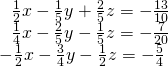 \begin{array}{l}\,\,\,\,\frac{1}{2}x-\frac{1}{5}y+\frac{2}{5}z=-\frac{13}{10}\hfill \\ \,\,\,\,\frac{1}{4}x-\frac{2}{5}y-\frac{1}{5}z=-\frac{7}{20}\hfill \\ -\frac{1}{2}x-\frac{3}{4}y-\frac{1}{2}z=-\frac{5}{4}\hfill \end{array}