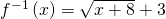 Rendered by QuickLaTeX.com {f}^{-1}\left(x\right)=\sqrt{x+8}+3