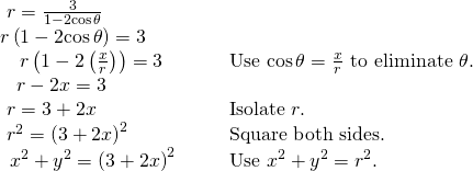 Rendered by QuickLaTeX.com \begin{array}{llll}\text{ }r=\frac{3}{1-2\mathrm{cos}\,\theta }\hfill & \hfill & \hfill & \hfill \\ r\left(1-2\mathrm{cos}\,\theta \right)=3\hfill & \hfill & \hfill & \hfill \\ \,\,\,\,\,\,r\left(1-2\left(\frac{x}{r}\right)\right)=3\hfill & \hfill & \hfill & \text{Use }\mathrm{cos}\,\theta =\frac{x}{r}\text{ to eliminate }\theta .\hfill \\ \text{ }\,\,\,r-2x=3\hfill & \hfill & \hfill & \hfill \\ \text{ }r=3+2x\hfill & \hfill & \hfill & \text{Isolate }r.\hfill \\ \text{ }{r}^{2}={\left(3+2x\right)}^{2}\hfill & \hfill & \hfill & \text{Square both sides}.\hfill \\ \text{ }\,{x}^{2}+{y}^{2}={\left(3+2x\right)}^{2}\hfill & \hfill & \hfill & \text{Use }{x}^{2}+{y}^{2}={r}^{2}.\hfill \end{array}