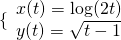 \{\begin{array}{l}x(t)=\text{log}(2t)\hfill \\ y(t)=\sqrt{t-1}\hfill \end{array}