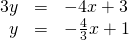 Rendered by QuickLaTeX.com \begin{array}{ccc}\hfill 3y& =& -4x+3\hfill \\ \hfill y& =& -\frac{4}{3}x+1\hfill \end{array}