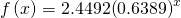 Rendered by QuickLaTeX.com \,f\left(x\right)=2.4492{\left(0.6389\right)}^{x}\,