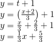 \begin{array}{l}y=t+1\hfill \\ y=\left(\frac{x+2}{3}\right)+1\hfill \\ y=\frac{x}{3}+\frac{2}{3}+1\hfill \\ y=\frac{1}{3}x+\frac{5}{3}\hfill \end{array}