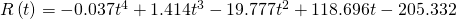 Rendered by QuickLaTeX.com R\left(t\right)=-0.037{t}^{4}+1.414{t}^{3}-19.777{t}^{2}+118.696t-205.332