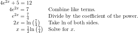 Rendered by QuickLaTeX.com \begin{array}{ll}4{e}^{2x}+5=12\hfill & \hfill \\ \,\,\,\,\,\,\,\,\,\,4{e}^{2x}=7\hfill & \text{Combine like terms}.\hfill \\ \,\,\,\,\,\,\,\,\,\,\,\,\,{e}^{2x}=\frac{7}{4}\hfill & \text{Divide by the coefficient of the power}.\hfill \\ \,\,\,\,\,\,\,\,\,\,\,\,\,\,\,2x=\mathrm{ln}\left(\frac{7}{4}\right)\hfill & \text{Take ln of both sides}.\hfill \\ \,\,\,\,\,\,\,\,\,\,\,\,\,\,\,\,\,\,x=\frac{1}{2}\mathrm{ln}\left(\frac{7}{4}\right)\hfill & \text{Solve for }x.\hfill \end{array}