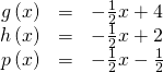 Rendered by QuickLaTeX.com \begin{array}{ccc}\hfill g\left(x\right)& =& -\frac{1}{2}x+4\hfill \\ \hfill h\left(x\right)& =& -\frac{1}{2}x+2\hfill \\ \hfill p\left(x\right)& =& -\frac{1}{2}x-\frac{1}{2}\hfill \end{array}