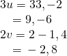 Rendered by QuickLaTeX.com \begin{array}{l}3u=3〈3,-2〉\hfill \\ \,\,\,\,\,\,=〈9,-6〉\hfill \\ 2v=2〈-1,4〉\hfill \\ \,\,\,\,\,\,=〈-2,8〉\hfill \end{array}