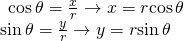 Rendered by QuickLaTeX.com \begin{array}{l}\begin{array}{l}\\ \mathrm{cos}\,\theta =\frac{x}{r}\to x=r\mathrm{cos}\,\theta \end{array}\hfill \\ \mathrm{sin}\,\theta =\frac{y}{r}\to y=r\mathrm{sin}\,\theta \hfill \end{array}