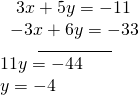 \begin{array}{l}\underset{\_\_\_\_\_\_\_\_\_\_\_\_\_\_\_}{\begin{array}{l}\hfill \\ \begin{array}{l}\text{ }3x+5y=-11\hfill \\ -3x+6y=-33\hfill \end{array}\hfill \end{array}}\hfill \\ \text{ }11y=-44\hfill \\ \text{ }y=-4\hfill \end{array}