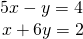 \begin{array}{c}5x-y=4\,\\ x+6y=2\end{array}