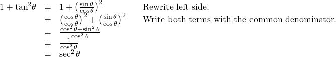 Rendered by QuickLaTeX.com \begin{array}{cccc}\hfill 1+{\mathrm{tan}}^{2}\theta & =& 1+{\left(\frac{\mathrm{sin}\,\theta }{\mathrm{cos}\,\theta }\right)}^{2}\hfill & \phantom{\rule{1em}{0ex}}\text{Rewrite left side}.\hfill \\ & =& {\left(\frac{\mathrm{cos}\,\theta }{\mathrm{cos}\,\theta }\right)}^{2}+{\left(\frac{\mathrm{sin}\,\theta }{\mathrm{cos}\,\theta }\right)}^{2}\hfill & \phantom{\rule{1em}{0ex}}\text{Write both terms with the common denominator}.\hfill \\ & =& \frac{{\mathrm{cos}}^{2}\,\theta +{\mathrm{sin}}^{2}\,\theta }{{\mathrm{cos}}^{2}\,\theta }\hfill & \\ & =& \frac{1}{{\mathrm{cos}}^{2}\,\theta }\hfill & \\ & =& {\mathrm{sec}}^{2}\,\theta \hfill & \end{array}