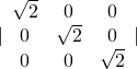 |\begin{array}{ccc}\sqrt{2}& 0& 0\\ 0& \sqrt{2}& 0\\ 0& 0& \sqrt{2}\end{array}|