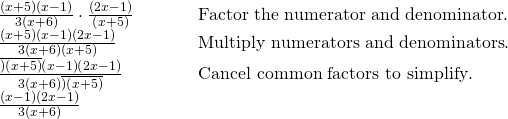 \begin{array}{lllll}\frac{\left(x+5\right)\left(x-1\right)}{3\left(x+6\right)}\cdot \frac{\left(2x-1\right)}{\left(x+5\right)}\hfill & \hfill & \hfill & \hfill & \text{Factor the numerator and denominator}.\hfill \\ \frac{\left(x+5\right)\left(x-1\right)\left(2x-1\right)}{3\left(x+6\right)\left(x+5\right)}\hfill & \hfill & \hfill & \hfill & \text{Multiply numerators and denominators}.\hfill \\ \frac{\overline{)\left(x+5\right)}\left(x-1\right)\left(2x-1\right)}{3\left(x+6\right)\overline{)\left(x+5\right)}}\hfill & \hfill & \hfill & \hfill & \text{Cancel common factors to simplify}.\hfill \\ \frac{\left(x-1\right)\left(2x-1\right)}{3\left(x+6\right)} \hfill & \hfill & \hfill & \hfill & \hfill \end{array}