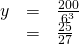 Rendered by QuickLaTeX.com \begin{array}{ccc}\hfill y& =& \frac{200}{{6}^{3}}\hfill \\ & =& \frac{25}{27}\hfill \end{array}