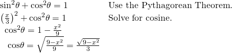 Rendered by QuickLaTeX.com \begin{array}{ll}{\mathrm{sin}}^{2}\theta +{\mathrm{cos}}^{2}\theta =1\hfill & \text{Use the Pythagorean Theorem}.\hfill \\ {\left(\frac{x}{3}\right)}^{2}+{\mathrm{cos}}^{2}\theta =1\hfill & \text{Solve for cosine}.\hfill \\ \text{ }\,{\mathrm{cos}}^{2}\theta =1-\frac{{x}^{2}}{9}\hfill & \hfill \\ \text{ }\,\text{ }\mathrm{cos}\theta =±\sqrt{\frac{9-{x}^{2}}{9}}=±\frac{\sqrt{9-{x}^{2}}}{3}\hfill & \hfill \end{array}