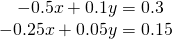 \begin{array}{r}\hfill -0.5x+0.1y=0.3\,\,\,\\ \hfill -0.25x+0.05y=0.15\end{array}