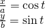 \begin{array}{l}\frac{x}{a}=\mathrm{cos}\,t\\ \frac{y}{b}=\mathrm{sin}\,t\end{array}