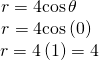 Rendered by QuickLaTeX.com \begin{array}{c}r=4\mathrm{cos}\,\theta \\ \,\,\,\,\,r=4\mathrm{cos}\left(0\right)\\ \,\,\,\,\,\,\,r=4\left(1\right)=4\end{array}