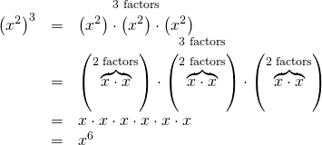Rendered by QuickLaTeX.com \begin{array}{ccc}\hfill {\left({x}^{2}\right)}^{3}& =& \stackrel{3\text{ factors}}{\stackrel{}{\left({x}^{2}\right)\cdot \left({x}^{2}\right)\cdot \left({x}^{2}\right)}}\hfill \\ & =& \hfill \stackrel{3\text{ factors}}{\stackrel{}{\left(\stackrel{2\text{ factors}}{\overbrace{x\cdot x}}\right)\cdot \left(\stackrel{2\text{ factors}}{\overbrace{x\cdot x}}\right)\cdot \left(\stackrel{2\text{ factors}}{\overbrace{x\cdot x}}\right)}}\\ & =& x\cdot x\cdot x\cdot x\cdot x\cdot x\hfill \\ & =& {x}^{6}\hfill \end{array}