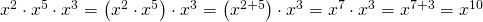 Rendered by QuickLaTeX.com {x}^{2}\cdot {x}^{5}\cdot {x}^{3}=\left({x}^{2}\cdot {x}^{5}\right)\cdot {x}^{3}=\left({x}^{2+5}\right)\cdot {x}^{3}={x}^{7}\cdot {x}^{3}={x}^{7+3}={x}^{10}