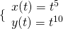 \{\begin{array}{l}x(t)={t}^{5}\hfill \\ y(t)={t}^{10}\hfill \end{array}