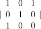 |\begin{array}{ccc}1& 0& 1\\ 0& 1& 0\\ 1& 0& 0\end{array}|