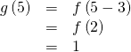 Rendered by QuickLaTeX.com \begin{array}{ccc}\hfill g\left(5\right)& =& f\left(5-3\right)\hfill \\ & =& f\left(2\right)\hfill \\ & =& 1\hfill \end{array}