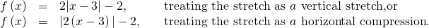 Rendered by QuickLaTeX.com \begin{array}{cccc}\hfill f\left(x\right)& =& 2|x-3|-2,\hfill & \phantom{\rule{1em}{0ex}}\text{treating the stretch as }a\text{ vertical stretch,or}\hfill \\ \hfill f\left(x\right)& =& |2\left(x-3\right)|-2,\hfill & \phantom{\rule{1em}{0ex}}\text{treating the stretch as }a\text{ horizontal compression}.\hfill \end{array}