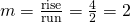 Rendered by QuickLaTeX.com m=\frac{\text{rise}}{\text{run}}=\frac{4}{2}=2