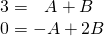 Rendered by QuickLaTeX.com \begin{array}{l}3=\,\,\,\,A+B\\ 0=-A+2B\end{array}